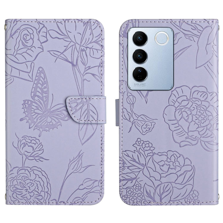 HT03 Cassa del telefono di cuoio di vibrazione impressa farfalla di sensibilità della pelle, For vivo V27, For Samsung Galaxy F14 5G Global, For Xiaomi 13 Ultra