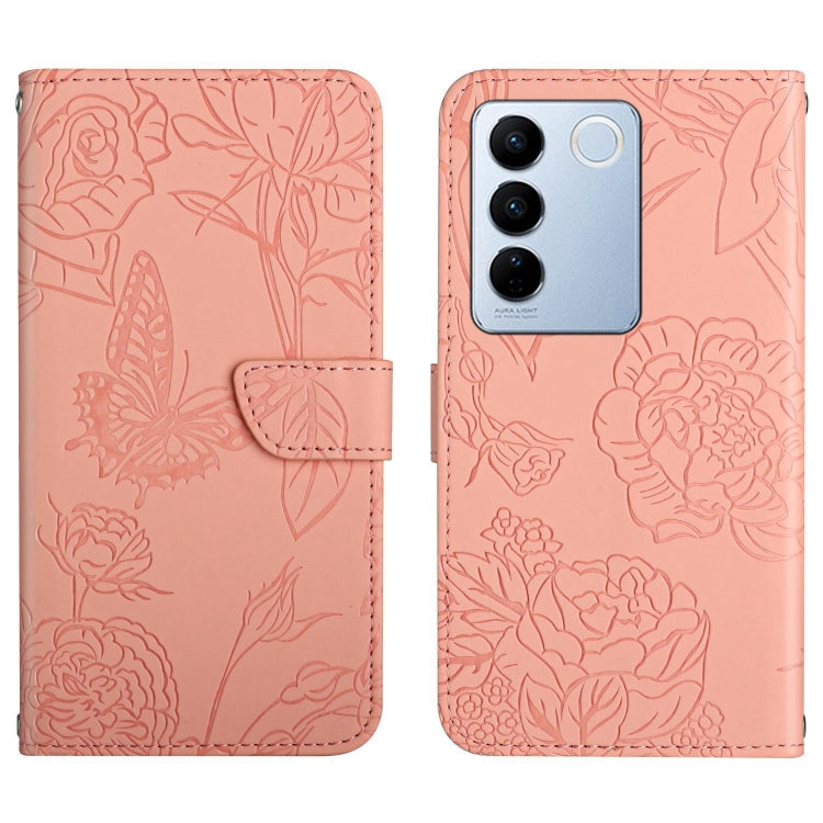 HT03 Cassa del telefono di cuoio di vibrazione impressa farfalla di sensibilità della pelle, For vivo V27, For Samsung Galaxy F14 5G Global, For Xiaomi 13 Ultra