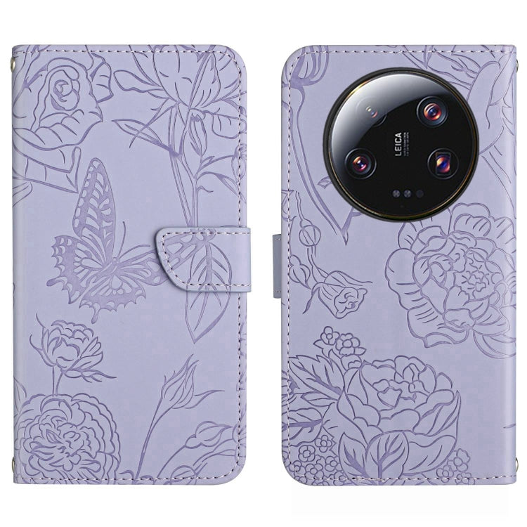 HT03 Cassa del telefono di cuoio di vibrazione impressa farfalla di sensibilità della pelle, For vivo V27, For Samsung Galaxy F14 5G Global, For Xiaomi 13 Ultra
