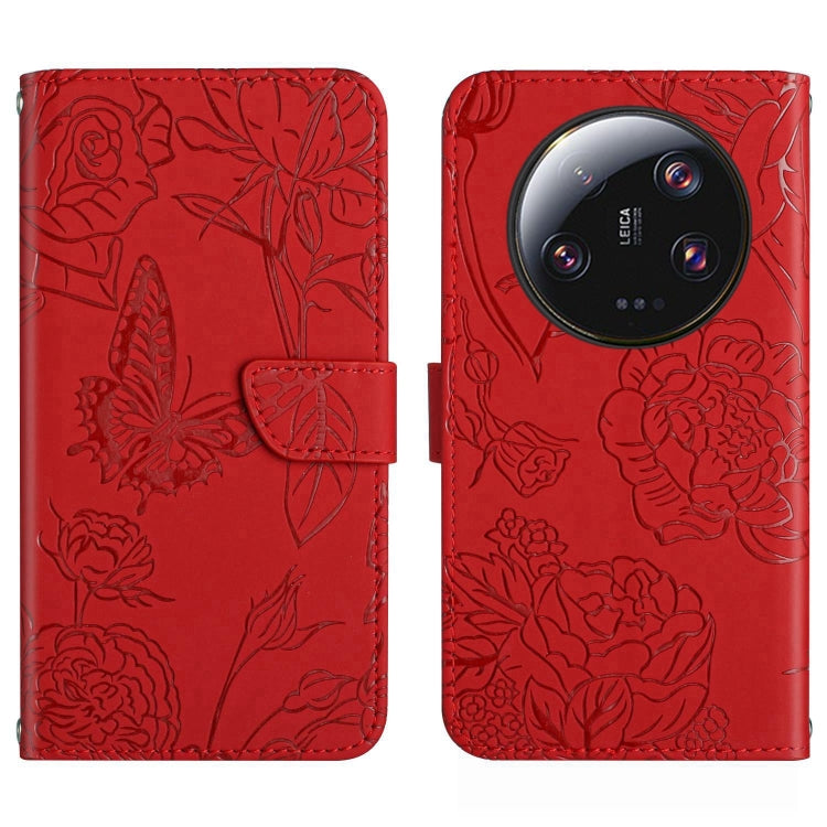 HT03 Cassa del telefono di cuoio di vibrazione impressa farfalla di sensibilità della pelle, For vivo V27, For Samsung Galaxy F14 5G Global, For Xiaomi 13 Ultra