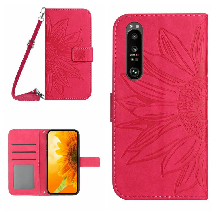 HT04 Skin Feel Sun Flower Custodia in pelle con flip in rilievo con cordino, For Sony Xperia 1 V, For Sony Xperia 10 V