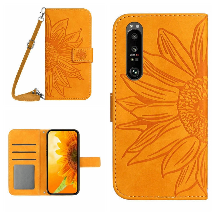 HT04 Skin Feel Sun Flower Custodia in pelle con flip in rilievo con cordino, For Sony Xperia 1 V, For Sony Xperia 10 V