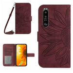 HT04 Skin Feel Sun Flower Custodia in pelle con flip in rilievo con cordino, For Sony Xperia 1 V, For Sony Xperia 10 V