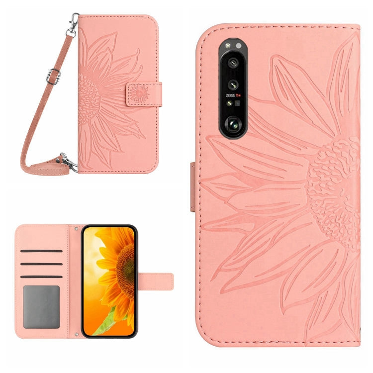 HT04 Skin Feel Sun Flower Custodia in pelle con flip in rilievo con cordino, For Sony Xperia 1 V, For Sony Xperia 10 V