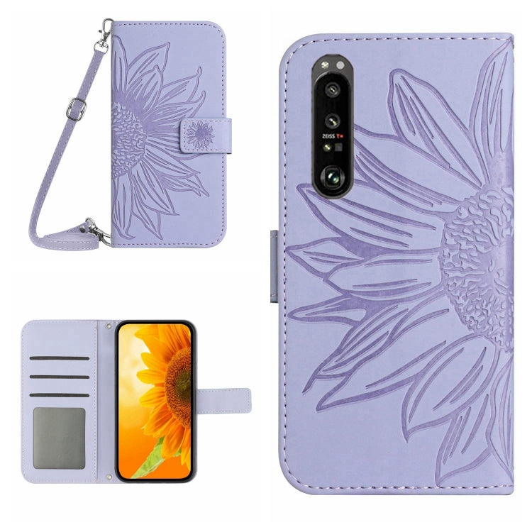 HT04 Skin Feel Sun Flower Custodia in pelle con flip in rilievo con cordino, For Sony Xperia 1 V, For Sony Xperia 10 V