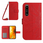 HT04 Skin Feel Sun Flower Custodia in pelle con flip in rilievo con cordino, For Sony Xperia 1 V, For Sony Xperia 10 V
