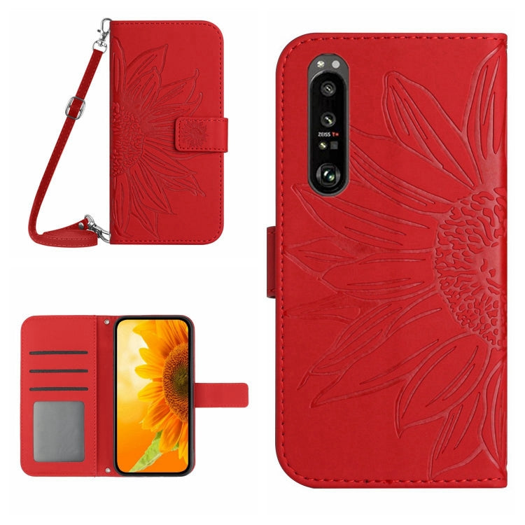 HT04 Skin Feel Sun Flower Custodia in pelle con flip in rilievo con cordino, For Sony Xperia 1 V, For Sony Xperia 10 V
