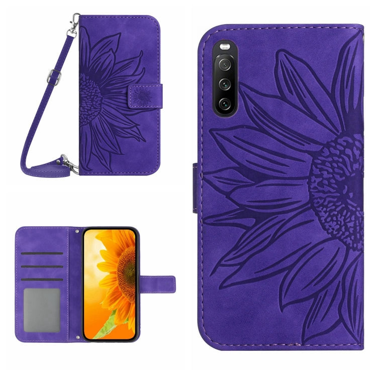 HT04 Skin Feel Sun Flower Custodia in pelle con flip in rilievo con cordino, For Sony Xperia 1 V, For Sony Xperia 10 V