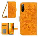 HT04 Skin Feel Sun Flower Custodia in pelle con flip in rilievo con cordino, For Sony Xperia 1 V, For Sony Xperia 10 V