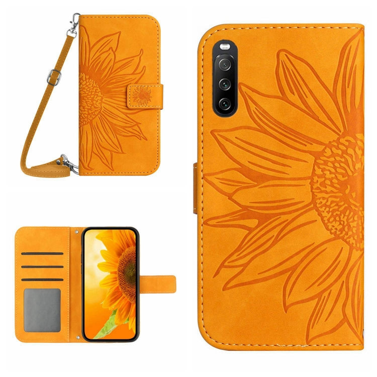 HT04 Skin Feel Sun Flower Custodia in pelle con flip in rilievo con cordino, For Sony Xperia 1 V, For Sony Xperia 10 V