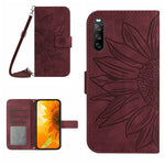 HT04 Skin Feel Sun Flower Custodia in pelle con flip in rilievo con cordino, For Sony Xperia 1 V, For Sony Xperia 10 V