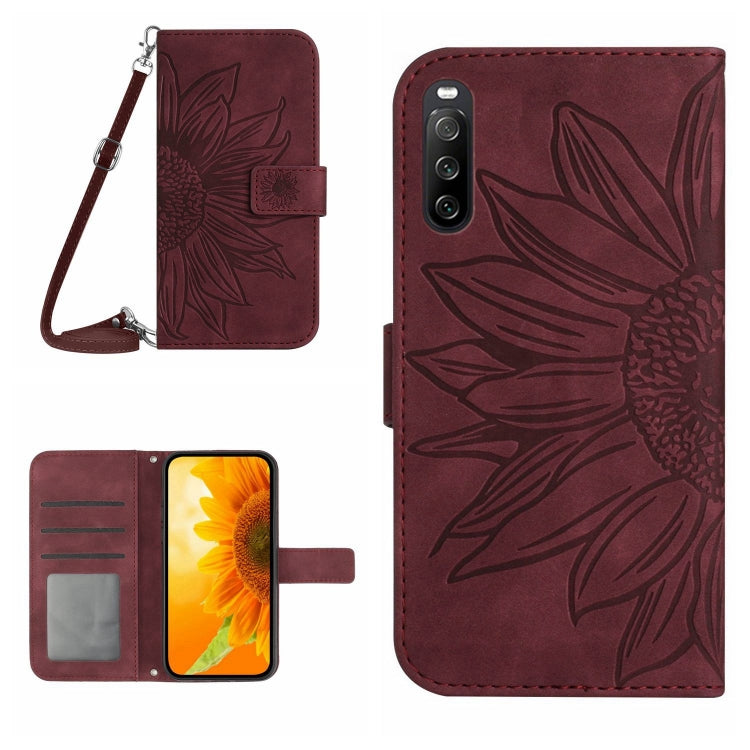 HT04 Skin Feel Sun Flower Custodia in pelle con flip in rilievo con cordino, For Sony Xperia 1 V, For Sony Xperia 10 V