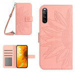 HT04 Skin Feel Sun Flower Custodia in pelle con flip in rilievo con cordino, For Sony Xperia 1 V, For Sony Xperia 10 V