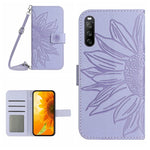 HT04 Skin Feel Sun Flower Custodia in pelle con flip in rilievo con cordino, For Sony Xperia 1 V, For Sony Xperia 10 V