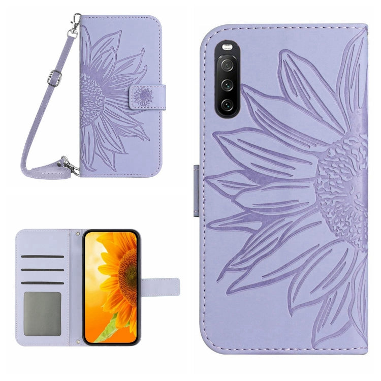HT04 Skin Feel Sun Flower Custodia in pelle con flip in rilievo con cordino, For Sony Xperia 1 V, For Sony Xperia 10 V