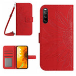 HT04 Skin Feel Sun Flower Custodia in pelle con flip in rilievo con cordino, For Sony Xperia 1 V, For Sony Xperia 10 V