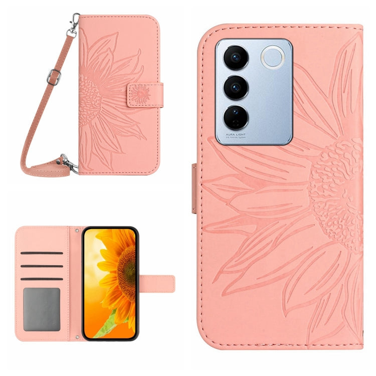 HT04 Skin Feel Sun Flower Custodia in pelle con flip in rilievo con cordino, For vivo V27, For Samsung Galaxy F14 5G Global