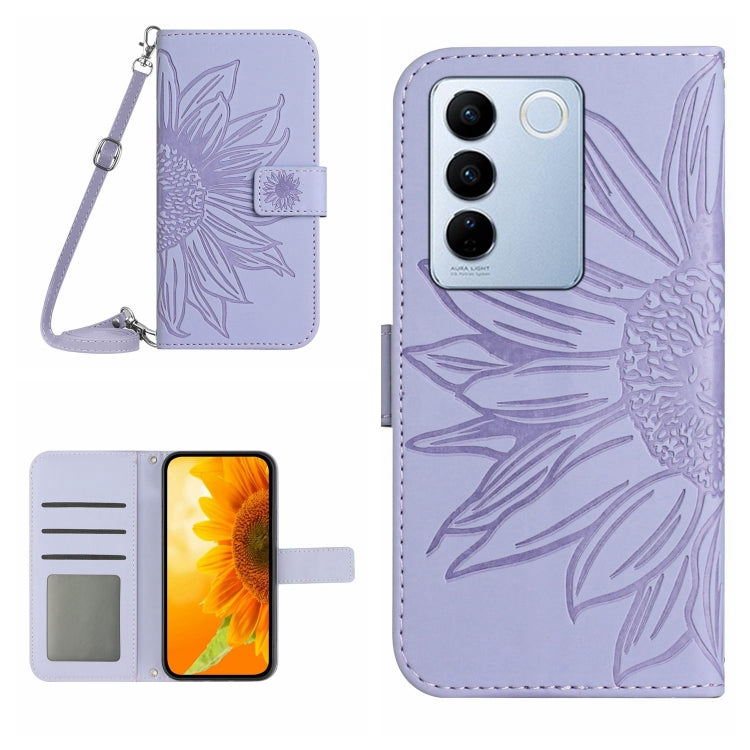HT04 Skin Feel Sun Flower Custodia in pelle con flip in rilievo con cordino, For vivo V27, For Samsung Galaxy F14 5G Global