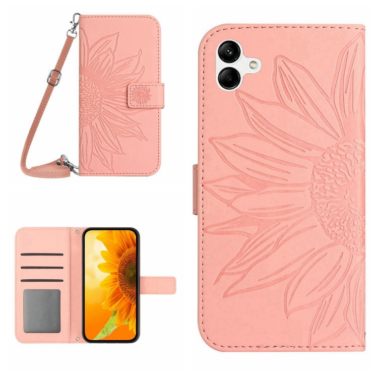 HT04 Skin Feel Sun Flower Custodia in pelle con flip in rilievo con cordino, For vivo V27, For Samsung Galaxy F14 5G Global