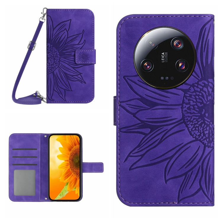 HT04 Skin Feel Sun Flower Custodia in pelle con flip in rilievo con cordino, For Xiaomi 13 Ultra