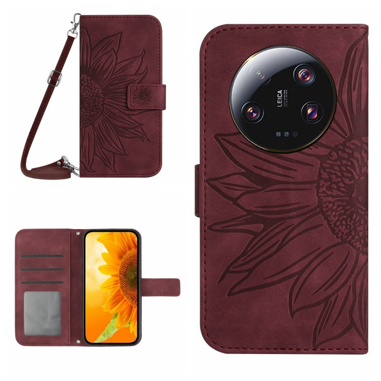 HT04 Skin Feel Sun Flower Custodia in pelle con flip in rilievo con cordino, For Xiaomi 13 Ultra
