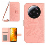 HT04 Skin Feel Sun Flower Custodia in pelle con flip in rilievo con cordino, For Xiaomi 13 Ultra