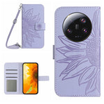 HT04 Skin Feel Sun Flower Custodia in pelle con flip in rilievo con cordino, For Xiaomi 13 Ultra