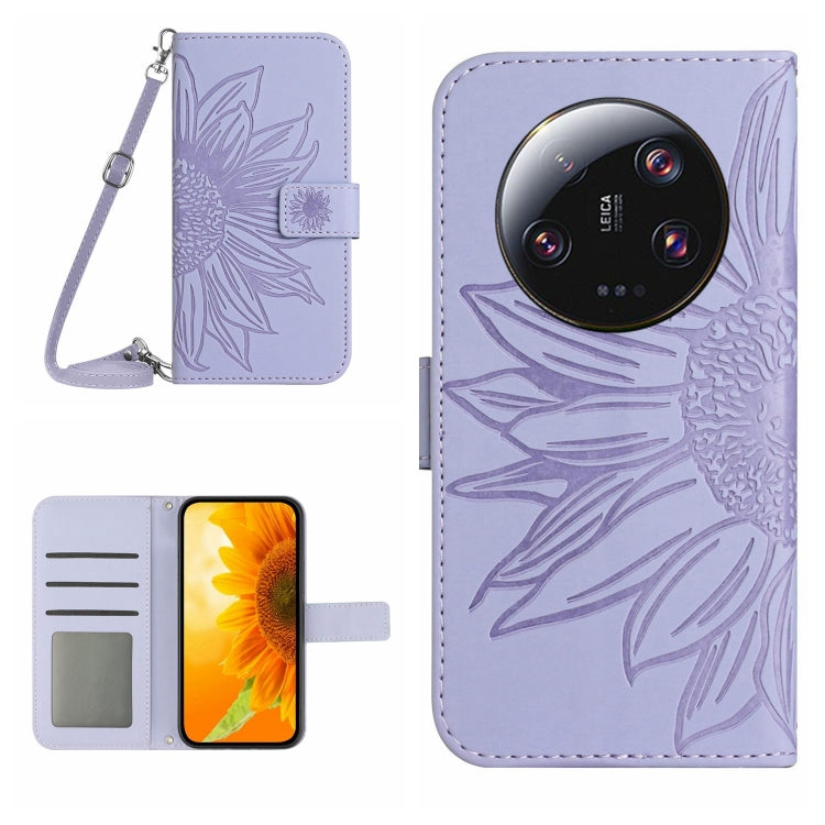 HT04 Skin Feel Sun Flower Custodia in pelle con flip in rilievo con cordino, For Xiaomi 13 Ultra