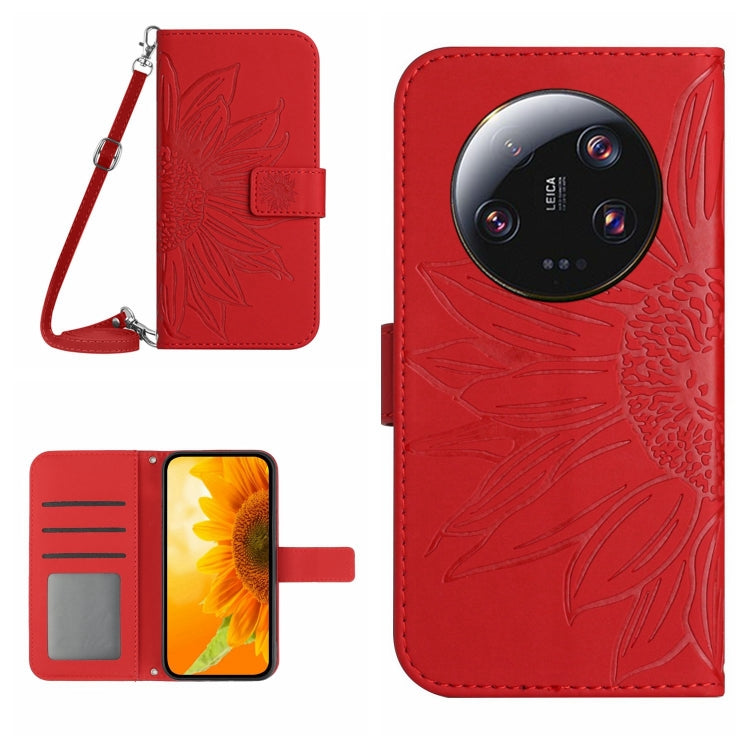 HT04 Skin Feel Sun Flower Custodia in pelle con flip in rilievo con cordino, For Xiaomi 13 Ultra