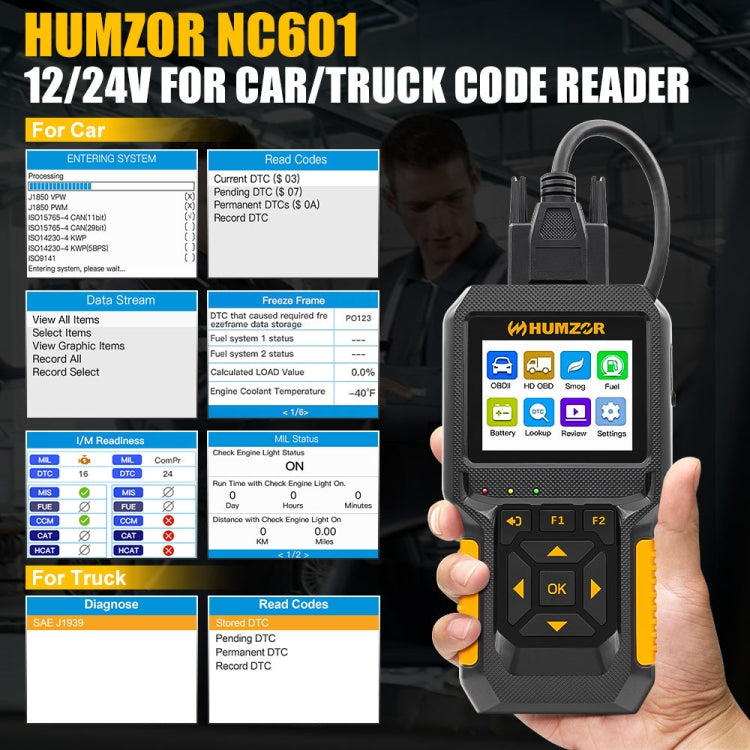 HUMZOR NC601 Strumento diagnostico strumento di scansione OBD2 per auto e camion, NC601