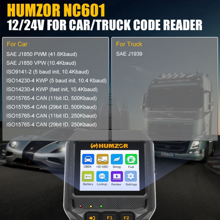 HUMZOR NC601 Strumento diagnostico strumento di scansione OBD2 per auto e camion, NC601