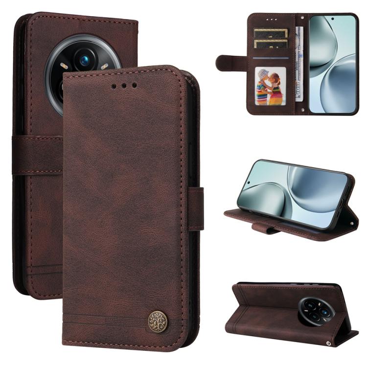 Custodia per telefono in pelle con bottone in metallo con albero della vita Skin Feel, For Realme 14 Global, For Realme 14 Pro+ Global, For Realme 14 Pro Global, For Realme GT 7 Pro