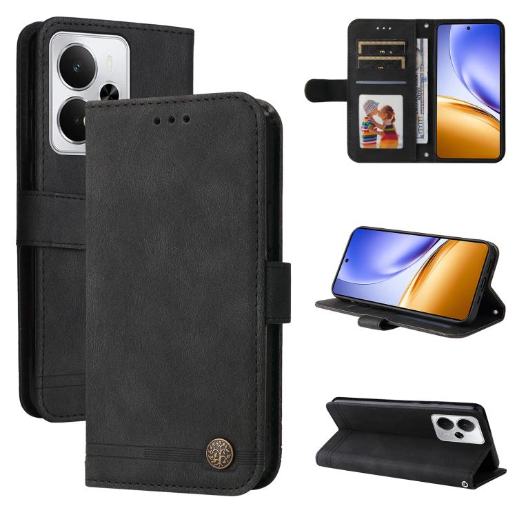 Custodia per telefono in pelle con bottone in metallo con albero della vita Skin Feel, For Realme 14 Global, For Realme 14 Pro+ Global, For Realme 14 Pro Global, For Realme GT 7 Pro