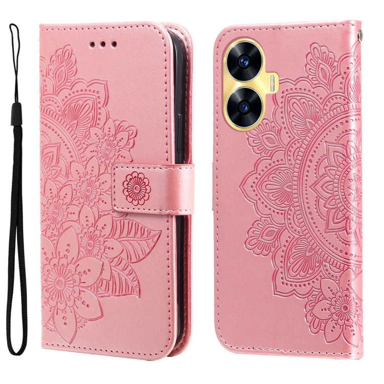 Custodia per telefono in pelle goffrata con fiori a 7 petali, For Realme C55