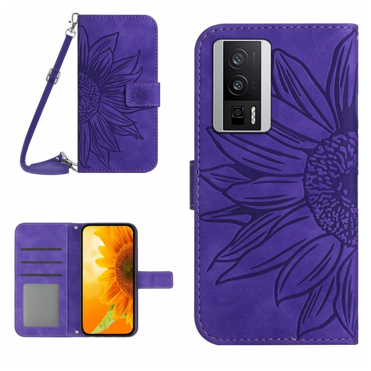 Skin Feel Custodia per telefono in pelle con flip in rilievo Sun Flower con cordino, For Xiaomi Poco F5 Pro, For Xiaomi Redmi Note 12S