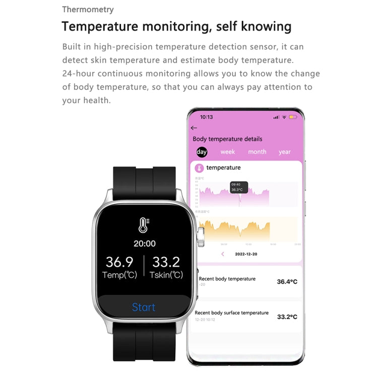 GT22 Schermo TFT da 1,85 pollici Orologio intelligente per la salute della fascia in silicone, supporto per chiamata Bluetooth / Plateau Ossigeno nel sangue / Temperatura corporea / Aritmia / Monitoraggio della frequenza cardiaca TI, Silicone Band (Bla...