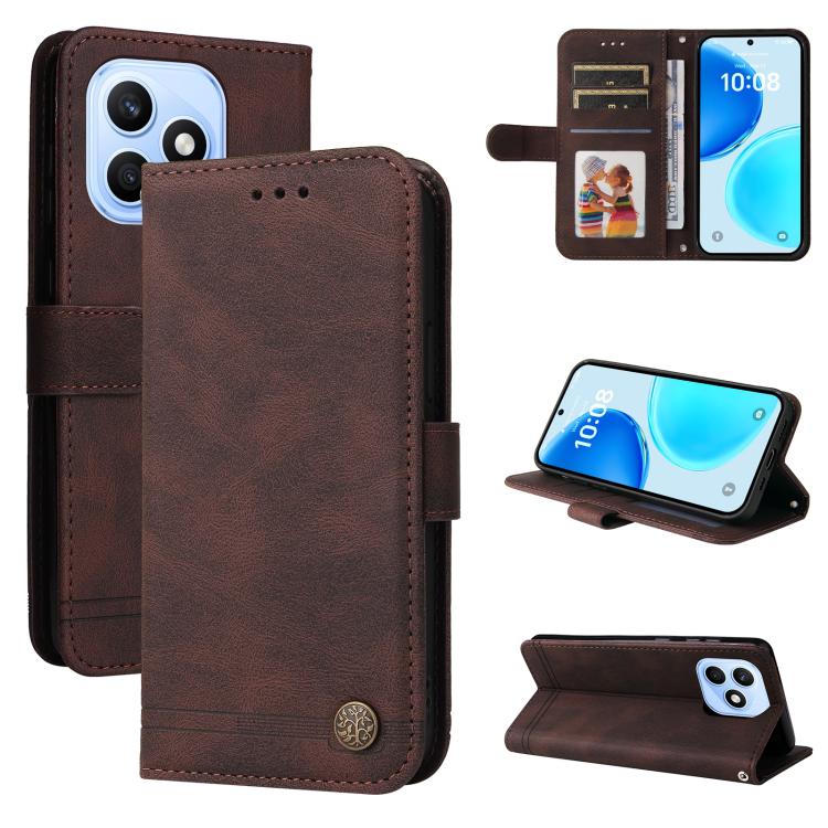 Custodia per telefono in pelle con bottone in metallo con albero della vita Skin Feel, For Honor X6d 5G / Play 60A 5G, For Honor X8d 4G, For Honor 500 / 500 Pro Global 155.8mm, For Honor Magic8 Pro
