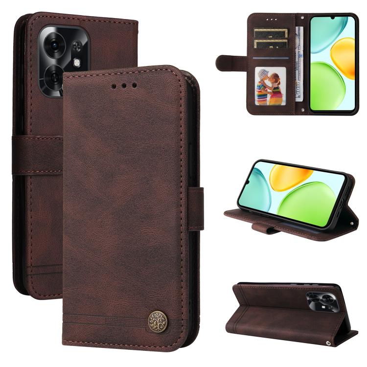 Custodia per telefono in pelle con bottone in metallo con albero della vita Skin Feel, For Honor X6d 5G / Play 60A 5G, For Honor X8d 4G, For Honor 500 / 500 Pro Global 155.8mm, For Honor Magic8 Pro