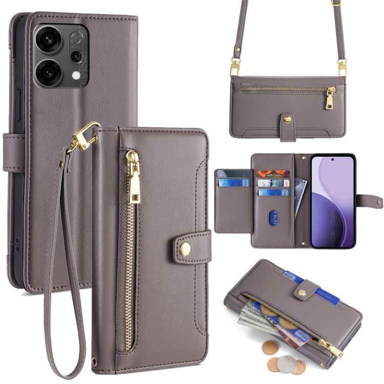 Custodia per telefono in pelle con portafoglio con cerniera a tracolla Lite Sheep Texture, For OPPO A5 5G 2025 Global, For OPPO Reno14 Pro 5G, For OPPO Reno14 5G, For OPPO Find X8s+ 5G