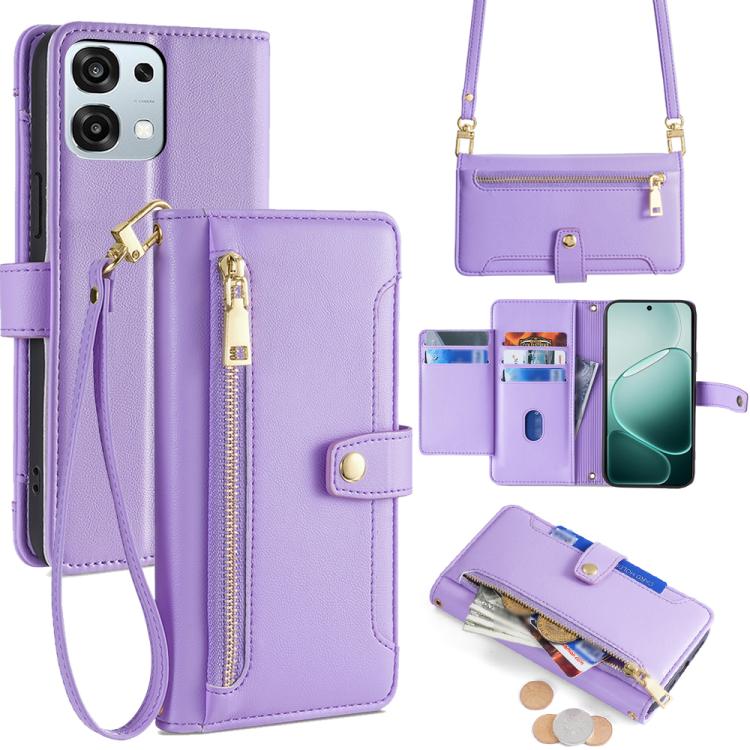 Custodia per telefono in pelle con portafoglio con cerniera a tracolla Lite Sheep Texture, For OPPO A6x 4G Global, For OPPO Reno15 5G Global, For OPPO Find X9 5G, For OPPO F31 5G