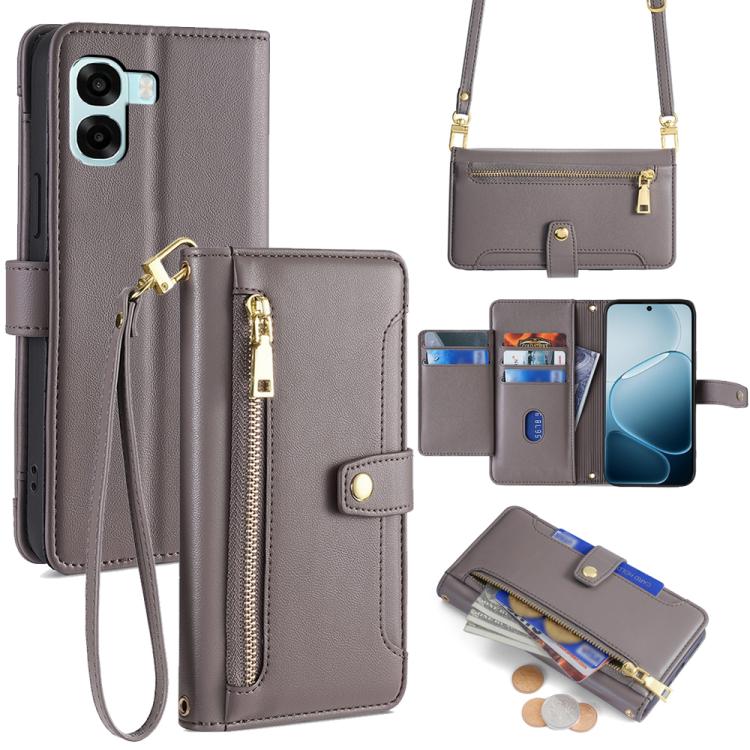 Custodia per telefono in pelle con portafoglio con cerniera a tracolla Lite Sheep Texture, For OPPO A6x 4G Global, For OPPO Reno15 5G Global, For OPPO Find X9 5G, For OPPO F31 5G