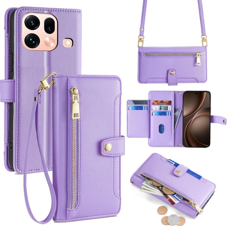 Custodia per telefono in pelle con portafoglio con cerniera a tracolla Lite Sheep Texture, For OPPO Find X9s Pro 5G, For OPPO Find X9 Ultra 5G, For OPPO A6s 4G, For OPPO Reno15 F 5G