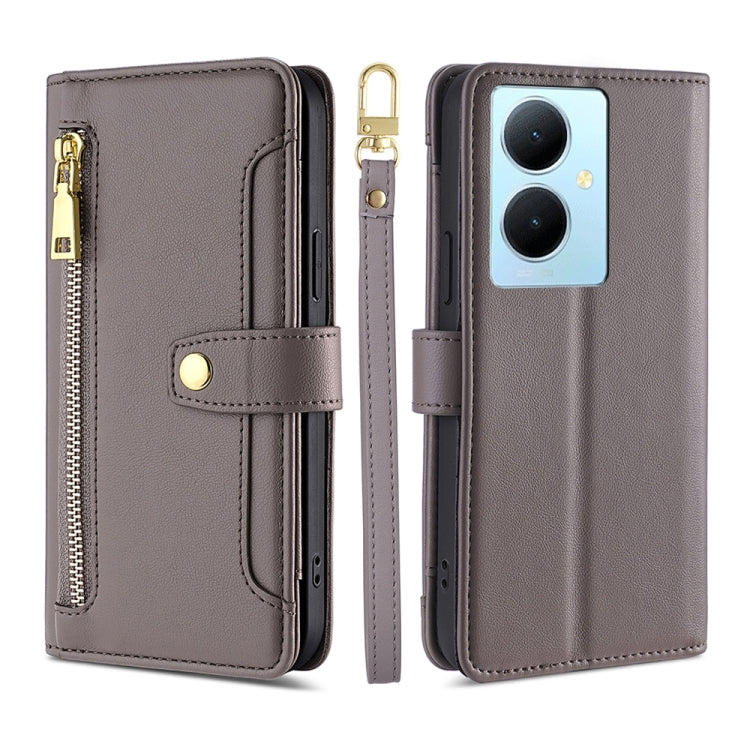 Custodia per telefono in pelle con portafoglio con cerniera a tracolla Lite Sheep Texture, For vivo Y03 4G, For vivo Y100 5G IDN, For vivo V29e 5G, For vivo Y78 Plus 5G