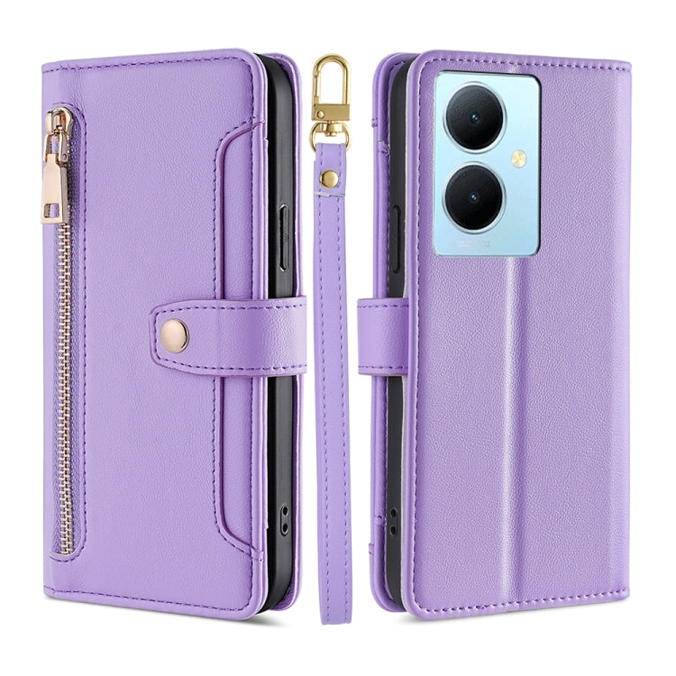 Custodia per telefono in pelle con portafoglio con cerniera a tracolla Lite Sheep Texture, For vivo Y03 4G, For vivo Y100 5G IDN, For vivo V29e 5G, For vivo Y78 Plus 5G