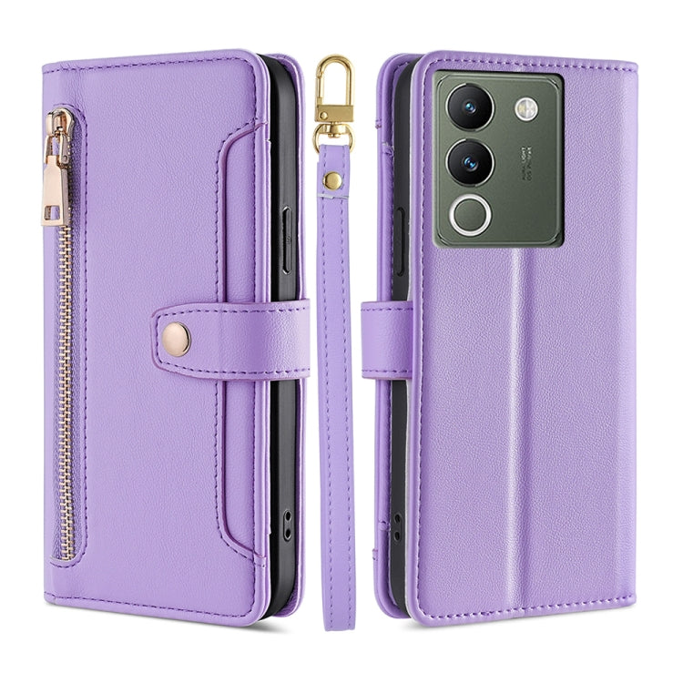 Custodia per telefono in pelle con portafoglio con cerniera a tracolla Lite Sheep Texture, For vivo Y03 4G, For vivo Y100 5G IDN, For vivo V29e 5G, For vivo Y78 Plus 5G