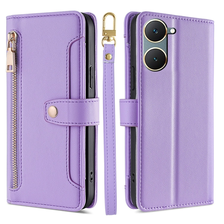 Custodia per telefono in pelle con portafoglio con cerniera a tracolla Lite Sheep Texture, For vivo Y03 4G, For vivo Y100 5G IDN, For vivo V29e 5G, For vivo Y78 Plus 5G