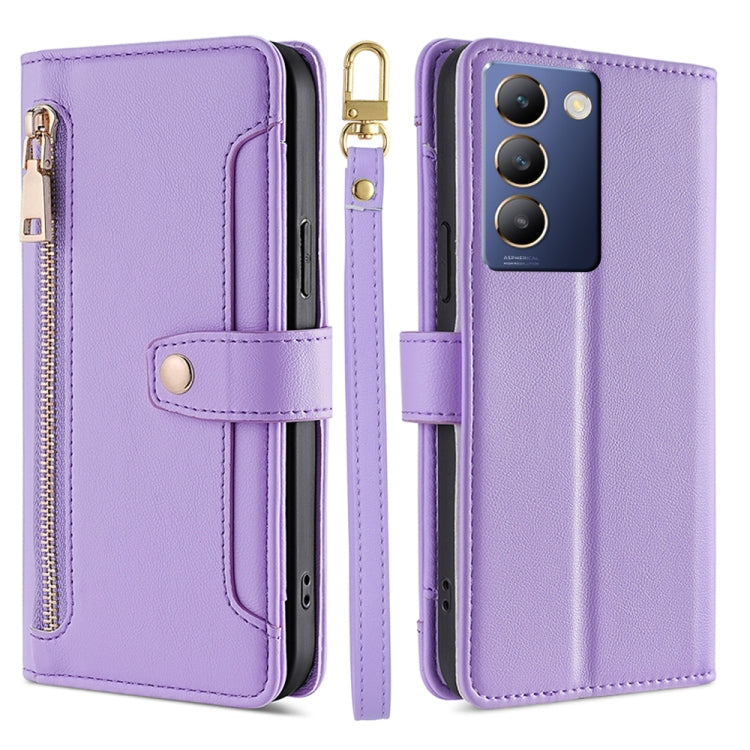 Custodia per telefono in pelle con portafoglio con cerniera a tracolla Lite Sheep Texture, For vivo Y03 4G, For vivo Y100 5G IDN, For vivo V29e 5G, For vivo Y78 Plus 5G