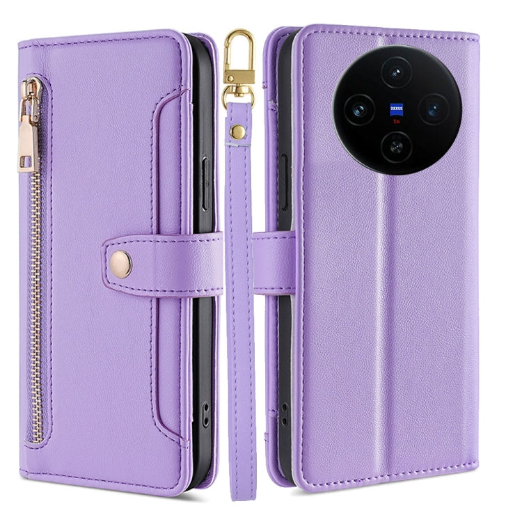 Custodia per telefono in pelle con portafoglio con cerniera a tracolla Lite Sheep Texture, For vivo X100s, For vivo Y38 5G / T3x Global, For vivo V30e 5G Global, For vivo iQOO Z9x