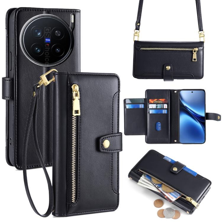 Custodia per telefono in pelle con portafoglio con cerniera a tracolla Lite Sheep Texture, For vivo iQOO Neo 10 5G Global, For vivo X200s 5G, For vivo V50 5G, For vivo X200 Pro 5G