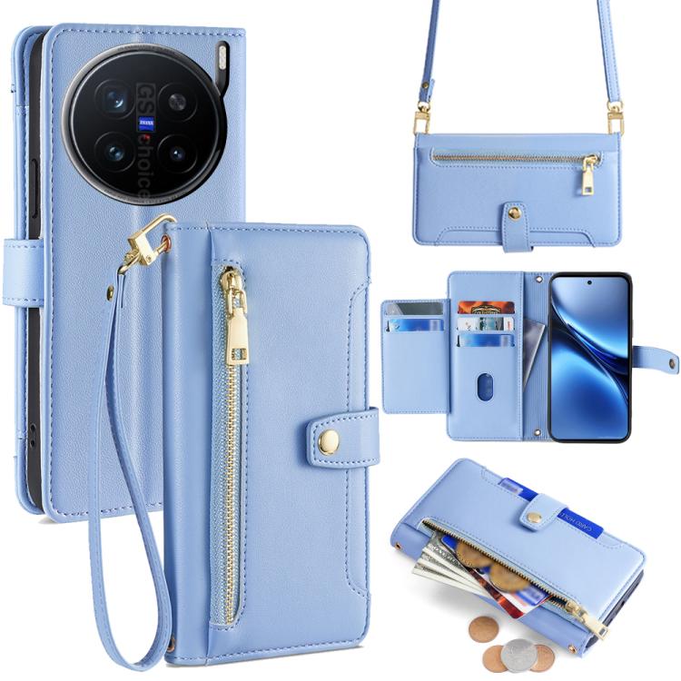 Custodia per telefono in pelle con portafoglio con cerniera a tracolla Lite Sheep Texture, For vivo iQOO Neo 10 5G Global, For vivo X200s 5G, For vivo V50 5G, For vivo X200 Pro 5G